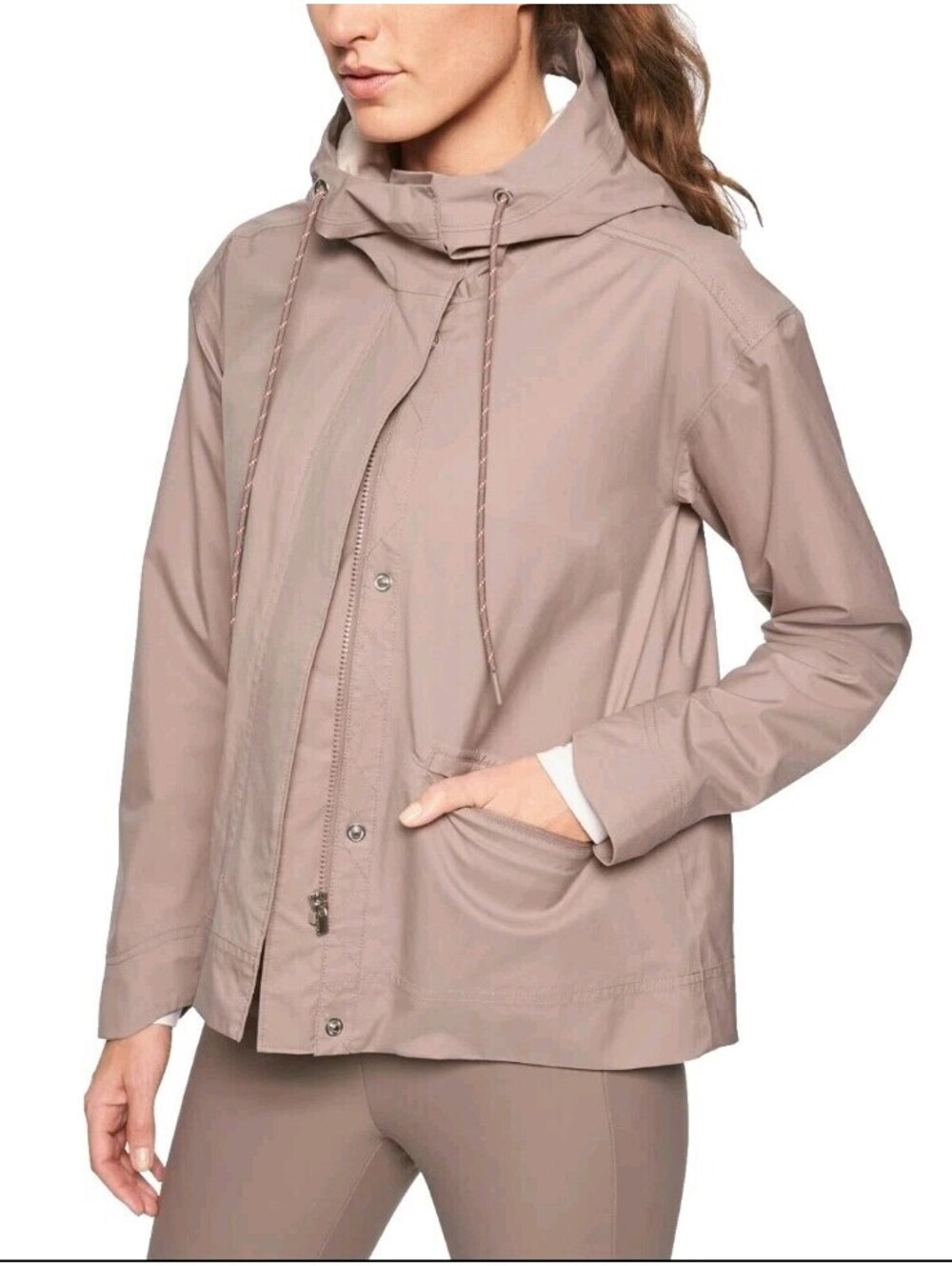 Athleta XL Taupe Beige Brownish Storm Lover Hooded Jacket Lightweight Hooded
